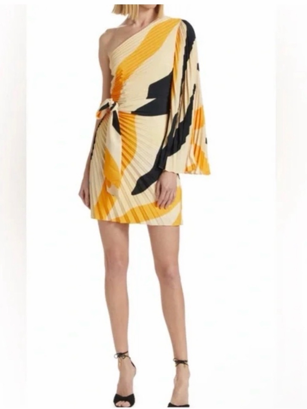 Milly Linden Zebra Pleated One Shoulder Mini Dress in Cream Yellow Black